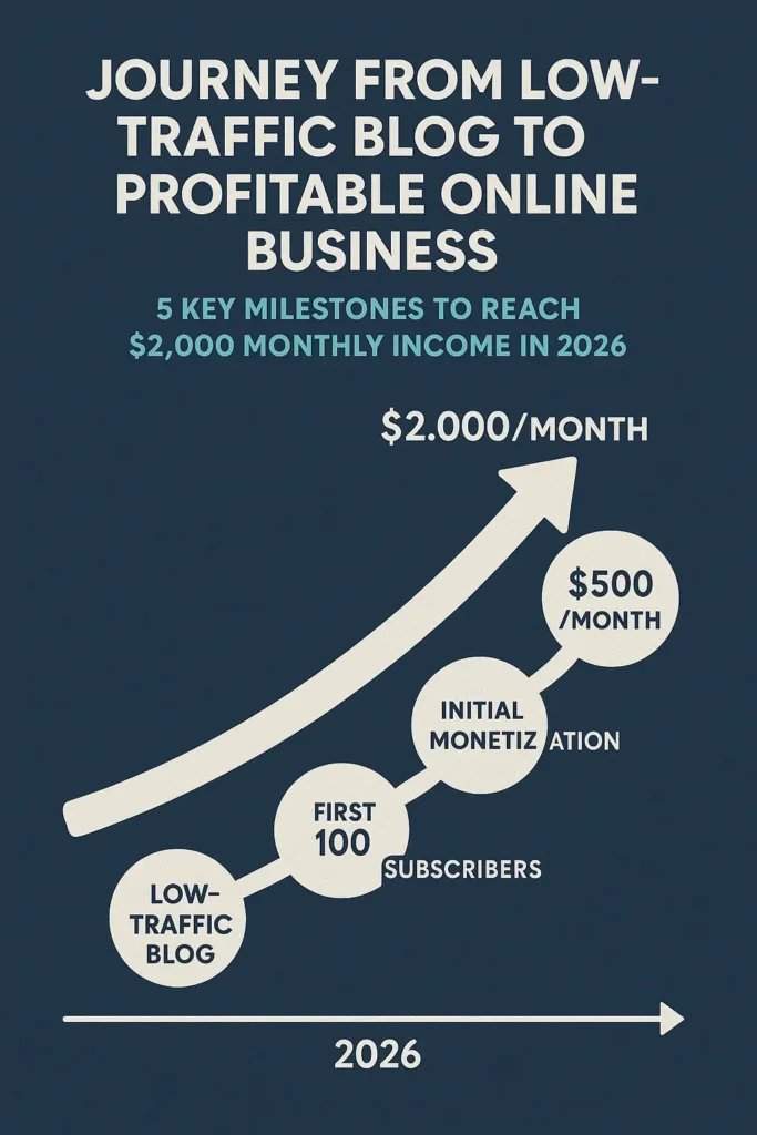 Journey from low-traffic blog to profitable online business showing 5 key milestones to reach $2,000 monthly income in 2026"