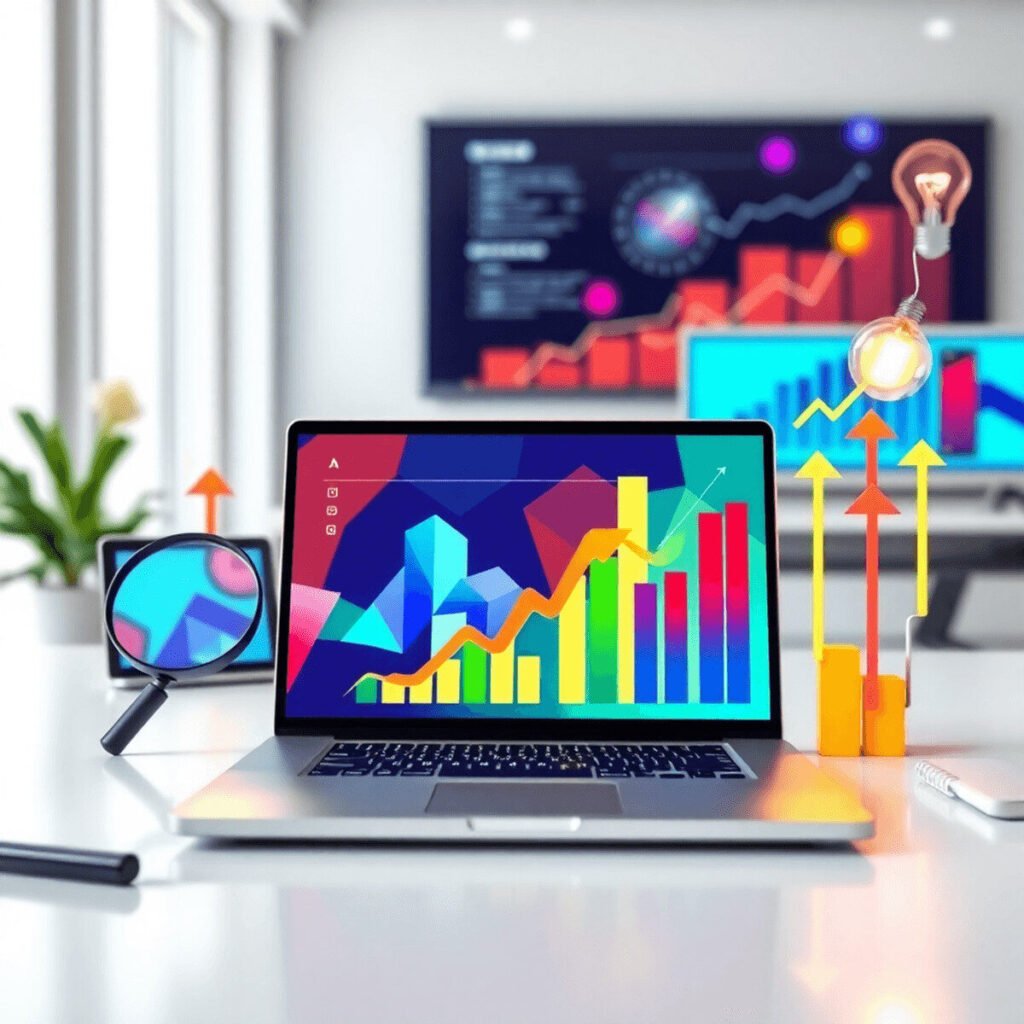 A modern workspace with a laptop showing colorful graphs, surrounded by magnifying glasses, upward arrows, and glowing light bulbs symbolizing grow...