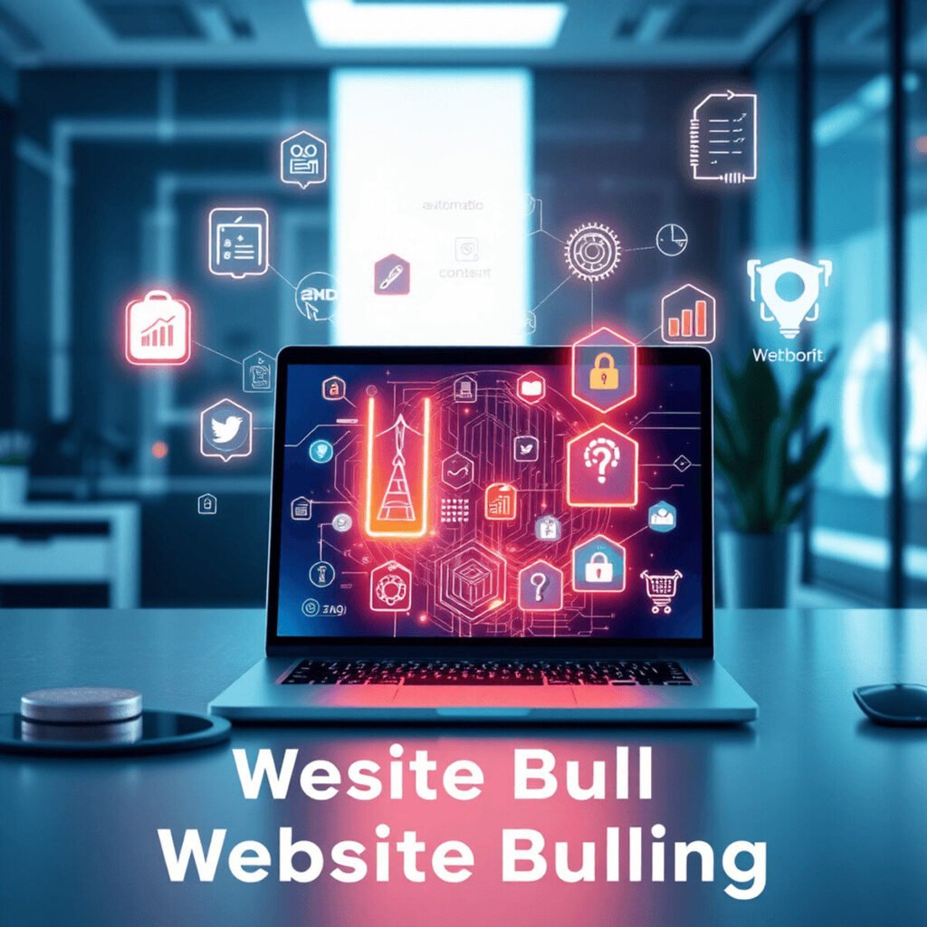 Modern workspace with a sleek laptop showing glowing AI icons and floating holographic elements for automation, SEO, content, and chatbot communica...